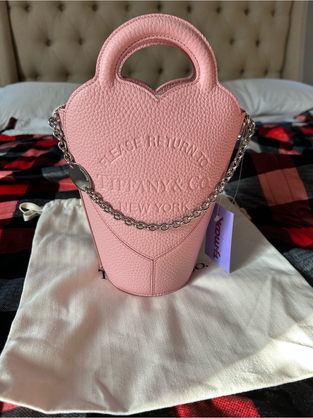 Tiffany & Co. Light Pink Pebbled Leather Heart Mini Bag with Silver Chain